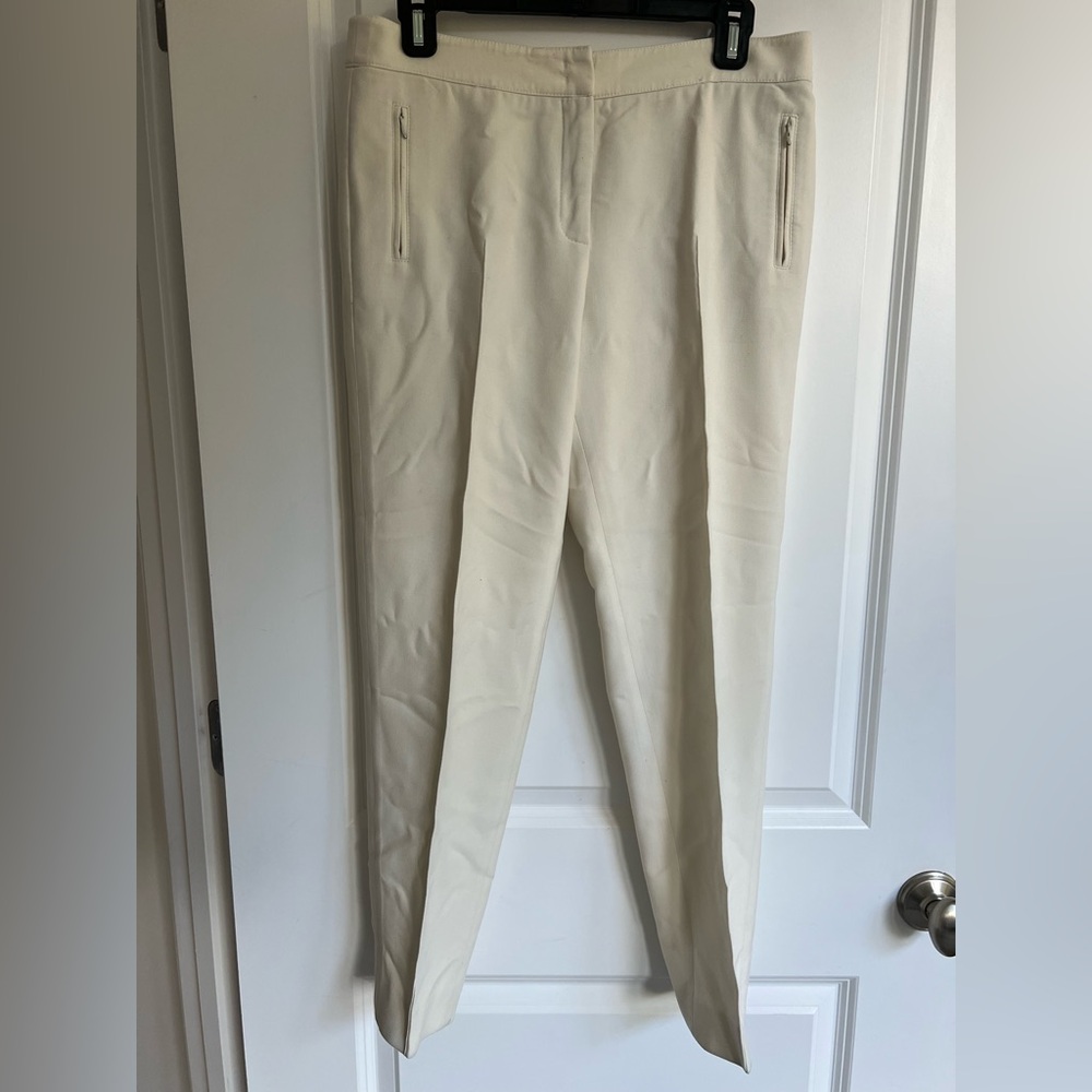 Cream Women’s  High-Waisted Trousers with Front Zipper Pockets and Back Seam